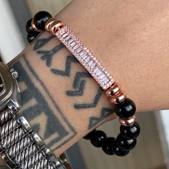 Rose gold baguette cz bar & black onyx beads - Picture 2 of 8